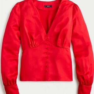 NWT J. Crew Red Satin V-Neck Button-Front Long Sleeve Top